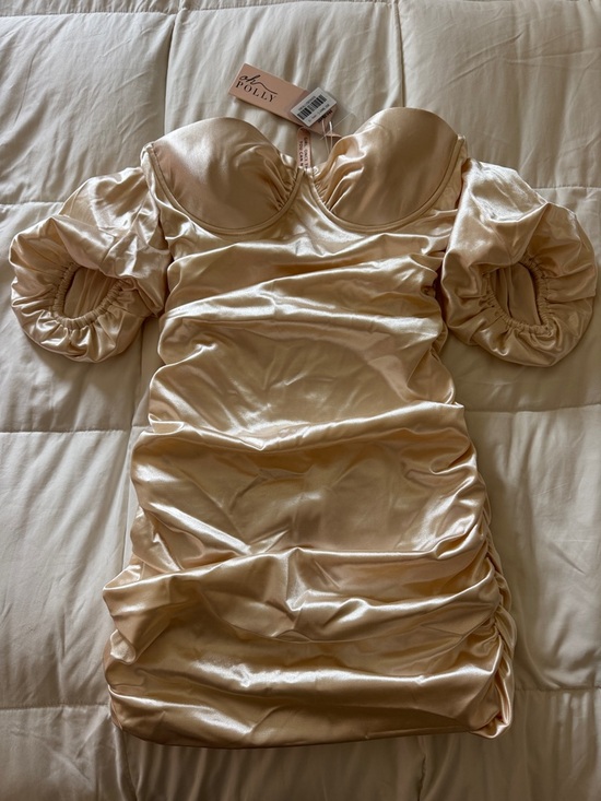 Oh Polly Dresses & Skirts - Oh Polly Ivory Satin Ruched Off-Shoulder Mini Dress